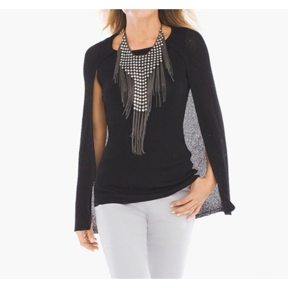 Chicos Black Metallic Knit Cape Top Size 1 Shimmer Sleeveless Layered Overlay